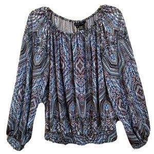 Etcetera Women Size M Peasant Blouse Top Smocked Openings Stretch Blue Burgundy